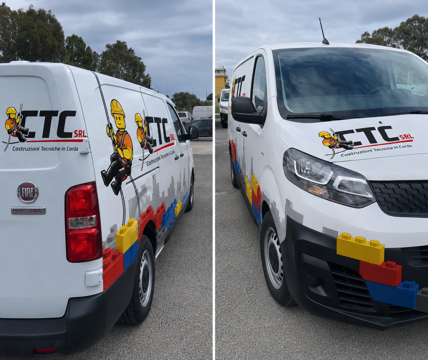 Furgone CTC SRL — Costruzioni Tecniche in Corda, brandizzato con grafica LEGO